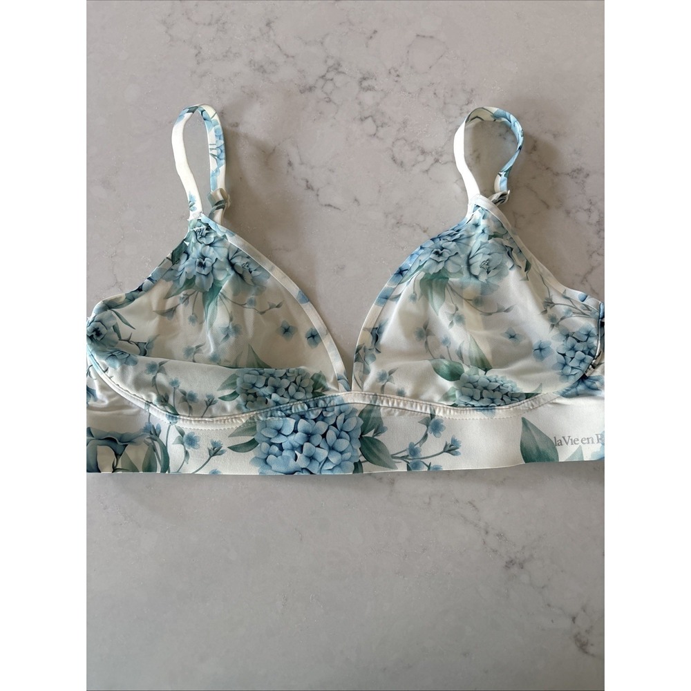 La Vie En Rose Womens M Ivory Floral Triangle Ribbed Bralette Unlined Sheer